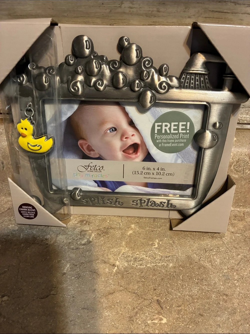 Fetco Silver 'Splish Splash' Baby Photo Frame with Rubber Duck Charm 6 inchx4 in